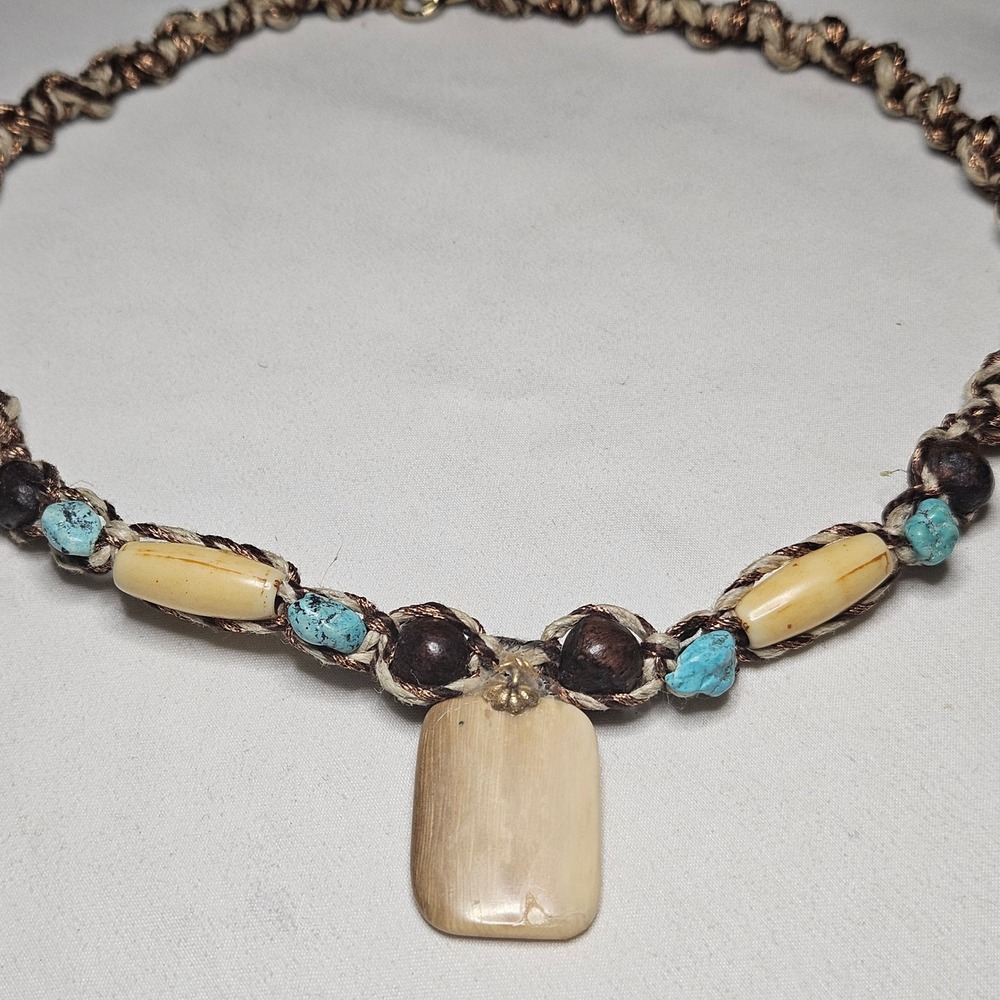 Handmade Macrame Necklace Unisex 17.75in Brown Turquoise Bone Wood Wearable Art